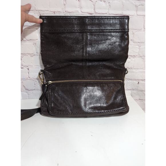 Kate Spade Brown Glossy Leather Shoulder Bag Fold Over Hobo Purse Crossbody - Picture 11 of 15